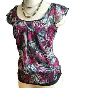 Pink and black abstract print smocked top size medium